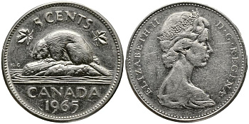 Канада 5 центов 1965 Елизавета II (1952-2022), бобер KM 60.1 никель 3336-236