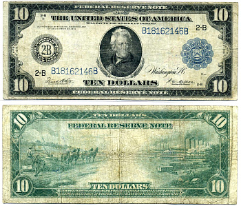 США 10 долларов 1914 Джексон, Буква "В" - Нью-йорк, голубая серия сдвинута влево, подписи: White & Mellon Pick 360bB(4-2) бумага 437-42-2-1