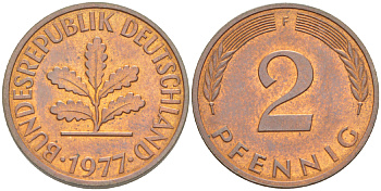 ФРГ 2 пфеннига 1977 F KM 106a, J.381a сталь плакированная медью 4181-824