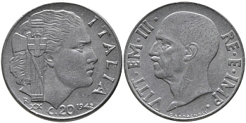 ИТАЛИЯ 20 ЧЕНТЕЗИМО 1942 R, ВИКТОР ИМАНУИЛ, XX ГОД, МАГНИТНАЯ KM 75b нержавеющая сталь 87-422