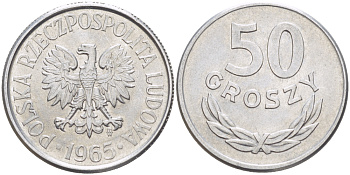 Польша 50 грошей 1965 MW KM 48.1, Parchimowicz 210b алюминий аUNC 216-851