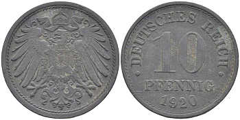 ГЕРМАНИЯ 10 ПФЕННИГОВ 1920 KM 26, J. 299 цинк 4401-516