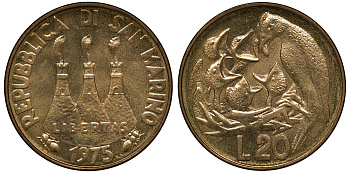 Сан-Марино 20 лир 1975 FAO, птица в гнезде KM 44 алюминиевая бронза UNC M52-15