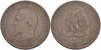 Франция 10 сантимов 1855 A, Наполеон III (1852-1870) KM 771.1, Le Franc 133,19 бронза 38-1031