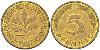 ФРГ 5 ПФЕННИГОВ 1987 G KM 107, J. 382 сталь плакированная латунью 4181-1027
