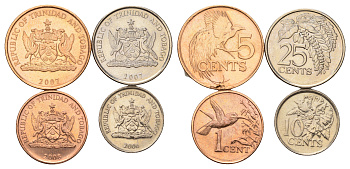 Тринидад и Тобаго набор из 4 монет (1, 5, 10, 25 центов) 2006, 2007 и 2008 KM 29, 30, 31 и 32 UNC 4669-861-864