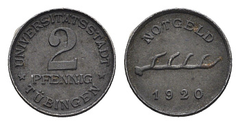 Тюбинген 2 пфеннига 1920 Funck 551.8, Men05 25330.12, Men18 31711.12 железо 1531-1041
