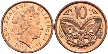 Новая Зеландия 10 центов 2011 маска Маори, Елизавета II (1952-) KM 117а сталь плакированная медью 23-1433