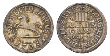 Брауншвейг-Каленберг-Ганновер 4 мариенгроша 1705 HB, Георг I (1698-1727), из коллекции Ричарда Б. Смита Welter 2197, KM 33 серебро 1525-625