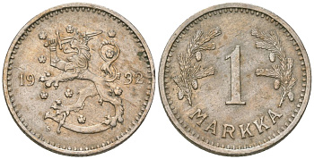 Финляндия 1 марка 1932 S KM 30 медно-никель 4173-561