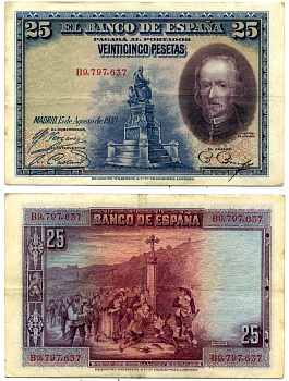Испания 25 песет 1928 Педро Кальдерон де ля Барка, серия В9 Pick 74b бумага 8564-12-3-2