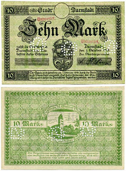 Германия, Дармштадт 10 марок 1918 - 1919 1 октября 1918 - 1 Февраля 1919, нотгельд, земля Гессен, водяной знак KREUZ-RINGEL-MUSTER, без номера и серии, с перфорацией Geiger 092.04с  бумага  аUNC  8613-33-1-1