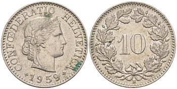 ШВЕЙЦАРИЯ 10 РАППЕНОВ 1959 В KM 27 медно-никель 55-316