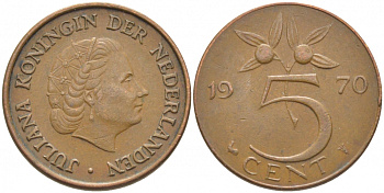 НИДЕРЛАНДЫ 5 ЦЕНТОВ 1970 ЮЛИАНА KM 181 бронза 3856-456