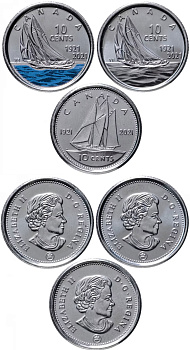 Канада лот из 3 монет по 10 центов 2021 100 лет паруснику Блюноз, одна монета эмаль медно-никель UNC M56-20