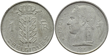 БЕЛЬГИЯ 1 ФРАНК 1951 BELGIQUE KM 142.1 медно-никель 4395-455