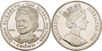 Гибралтар 1 крона 1990 90 лет со дня рождения королевы матери Елизавете KM 46 медно-никель BUNC 1084-8-23