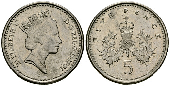 Великобритания 5 пенсов 1991 Елизавета II (1952-2022) KM 937b, Spink 4372 (D4) медно-никель 4173-1244