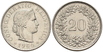 Швейцария 20 раппенов 1964 B KM 29а медно-никель 4576-959