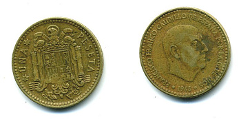 ИСПАНИЯ 1 ПЕСЕТА 1966 (67) ФРАНСИСКО ФРАНКО ДИКТАТОР ИСПАНИИ (1939-1975) КМ 796 алюминиевая бронза 54-251