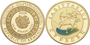 Армения 10000 драм 2008 знак зодиака - стрелец, эмаль KM 185 золото PROOF 00-808-34