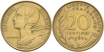 Франция 20 сантимов 1964 тип Marianne KM 930 медь алюминий никель    4595-1044