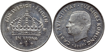 Швеция 1 крона 2007 Карл XVI Густав (1973- ) KM 894 медно-никель 176-136