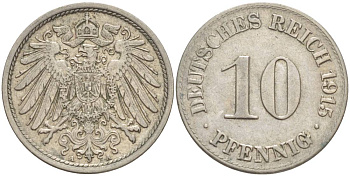 Германия 10 пфеннигов 1915 A KM 12, Jager 13, Weege 8 медно-никель 219-246
