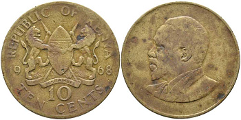 Кения 10 центов 1968 Джомо Кениата KM 2 никель латунь 111-114