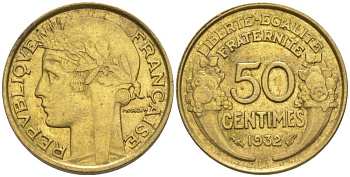 ФРАНЦИЯ 50 САНТИМОВ 1932 ТИП MORLON, OPEN 9, С ЯГОДОЙ KM 894.1, LE FRANC 192.7 алюминиевая бронза 44-725