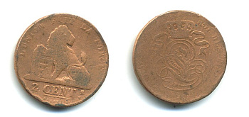 БЕЛЬГИЯ 2 ЦЕНТА ND медь 58-225