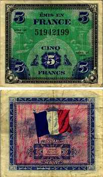 ФРАНЦИЯ 5 ФРАНКОВ 1944 ПЕРВЫЙ ДОПОЛНИТЕЛЬНЫЙ ВЫПУСК Pick 115a бумага 7183-14-3-1