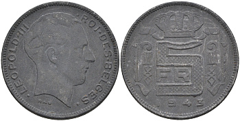 Бельгия 5 франков 1943 BELGES, германская оккупация KM 129.1 цинк    4595-131