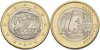 ГРЕЦИЯ 1 ЕВРО 2002 СОВА, С БУКВОЙ KM 187 биметалл UNC 34-457