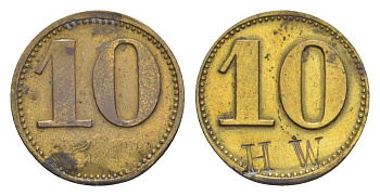 Германия игровой жетон 10 пфеннигов ND с отметкой hw латунь 4636-1118
