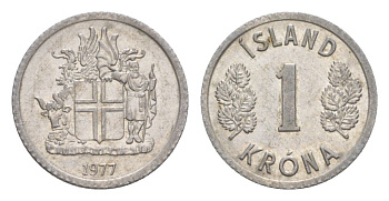 Исландия 1 крона 1977 KM 23 алюминий UNC 4632-958