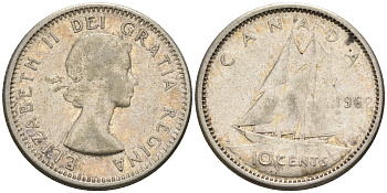 Канада 10 центов 1962 Елизавета II (1952-2022), парусник KM 51 серебро    4147-342