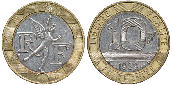 Франция 10 франков 1989 тип гений Бастилии KM 964.1, Le Franc 375.3 биметалл  4606-147