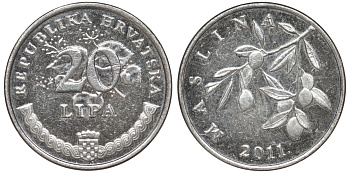 Хорватия 20 лип 2011 олива, легенда на хорватском KM 7 сталь плакированная никелем aUNC 4516-217