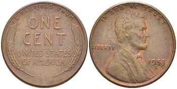 США 1 ЦЕНТ 1953 S, ЛИНКОЛЬН KM А132 медь цинк 218-625