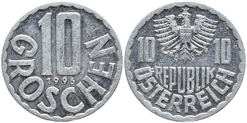 АВСТРИЯ 10 ГРОШЕЙ 1996 KM 2878 алюминий 4396-1121