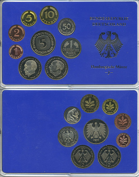 ФРГ набор из 9 монет 1977 J, официальный государственный набор, в пластике    PROOF  3540-1-1