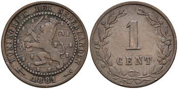 Нидерланды 1 цент 1881 Виллем III (1849-1890) KM 107 бронза 4576-559