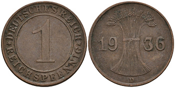 Германия 1 рейхспфенниг 1936 D KM 37, J. 313 бронза 4549-814