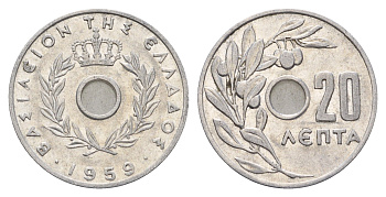 Греция 20 лепт 1959 Павел I (1947-1964), оливковая ветвь KM 79 алюминий 4670-112