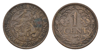 Нидерланды 1 цент 1926 Вильгельмина (1890-1948) KM 152 бронза 4611-1167