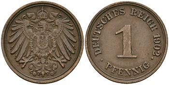 Германия 1 пфенниг 1902 G, Вильгельм II (1888-1918) KM 10, J. 10 медь 1524-822