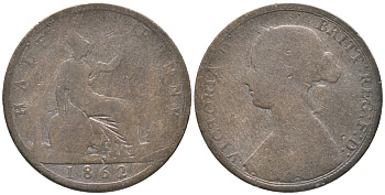 Великобритания 1/2 пенни 1862 Виктория (1837-1901) KM 748.2, Spink 3956 бронза 34-144