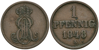 Ганновер 1 пфенниг 1848 A, Эрнст Август (1837-1851) KM 201.2, AKS 130, J. 74 медь 4608-1021