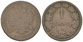 Австрия 1 крейцер 1859 A, Франц Иосиф I (1848-1916) KM 2186 медь 4617-361